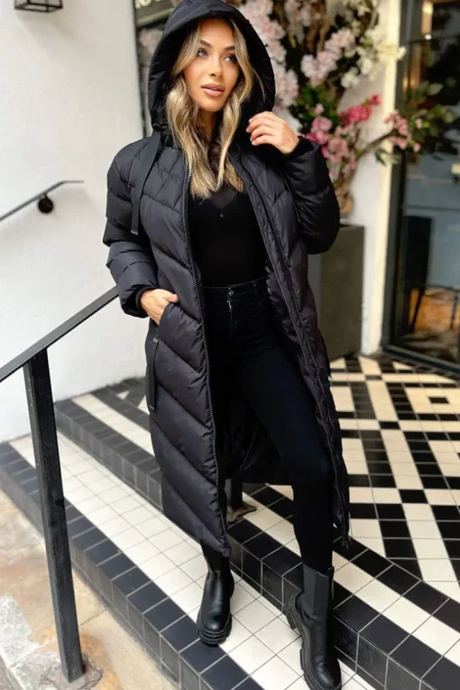 Black Hooded Puffer Coat with Zip Front Pockets