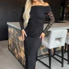 Black Lace Bardot Long Sleeve Ruched Bodycon Midi Dress