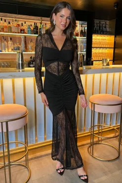 Black Lace Contrast Ruched Front Bodycon Midi Dress