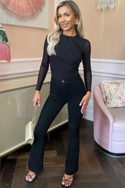Black Long Sleeve Pleat Detail Mesh Bodysuit