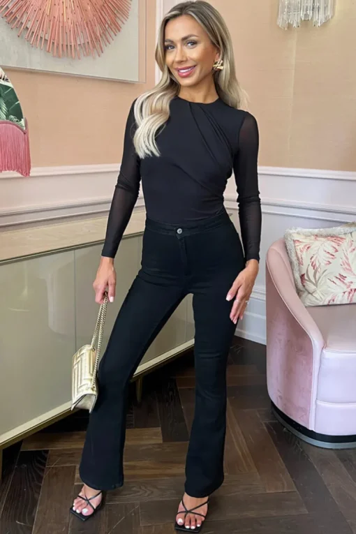 Black Long Sleeve Pleat Detail Mesh Bodysuit