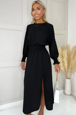 Black Long Sleeve Shirred Detail Midi Dress