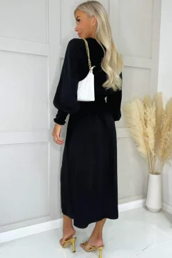 Black Long Sleeve Shirred Detail Midi Dress