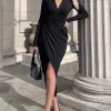 Black Long Sleeve Wrap Midi Dress