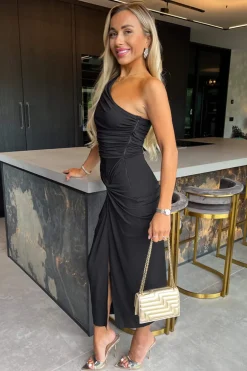 Black One Shoulder Knot Skirt Midi Dress