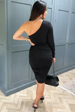 Black One Sleeve Ruched Bodycon Midi Dress