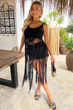 Black Open Knit Crochet Fringe Hem Crop Top