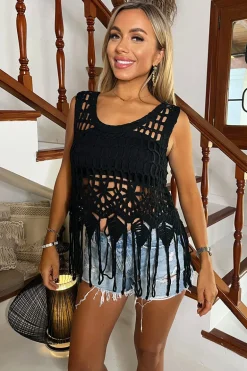 Black Open Stitch Crochet Tassel Crop Top