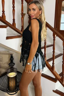 Black Open Stitch Crochet Tassel Crop Top