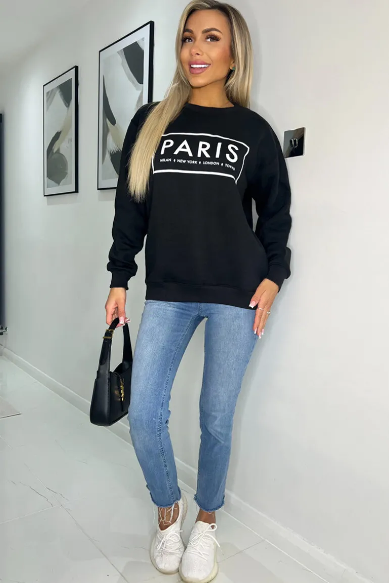 Black Paris Slogan Crew Neck Sweatshirt