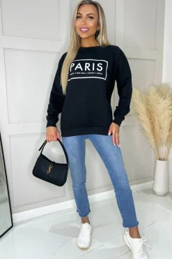 Black Paris Slogan Crew Neck Sweatshirt