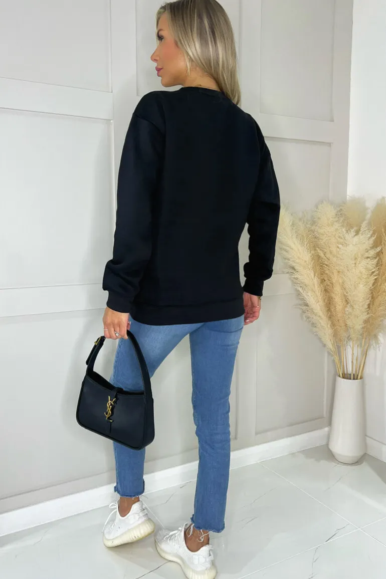 Black Paris Slogan Crew Neck Sweatshirt