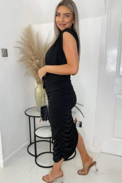 Black Pleated Shoulder Sleeveless Bodycon Dress