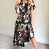 Black Printed Floral Frill Hem Dress