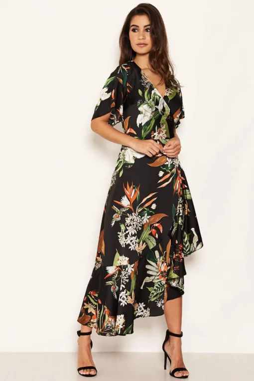 Black Printed Floral Frill Hem Dress