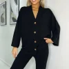 Black Ribbed Knit Button Front Lounge Cardigan