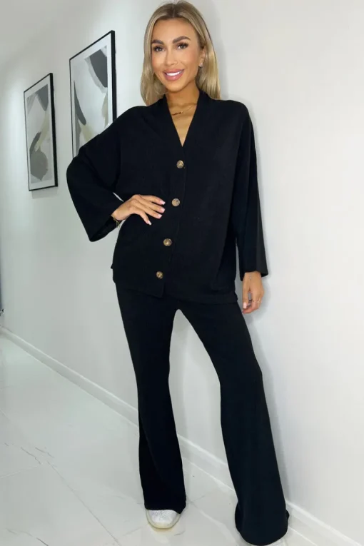 Black Ribbed Knit Button Front Lounge Cardigan