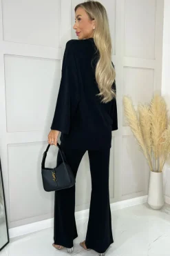 Black Ribbed Knit Button Front Lounge Cardigan