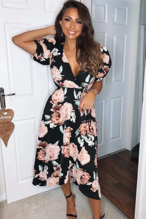 Black Rose Printed Wrap Midi Dress