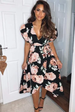 Black Rose Printed Wrap Midi Dress