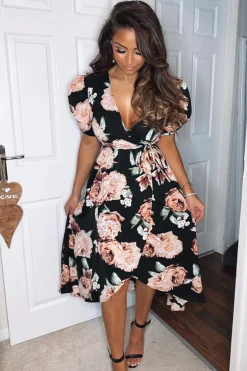 Black Rose Printed Wrap Midi Dress