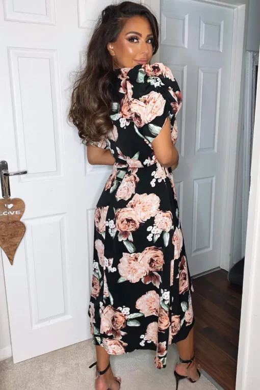Black Rose Printed Wrap Midi Dress