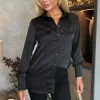 Black Satin Long Sleeve Gold Button Shirt