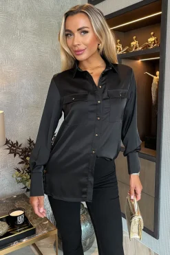 Black Satin Long Sleeve Gold Button Shirt