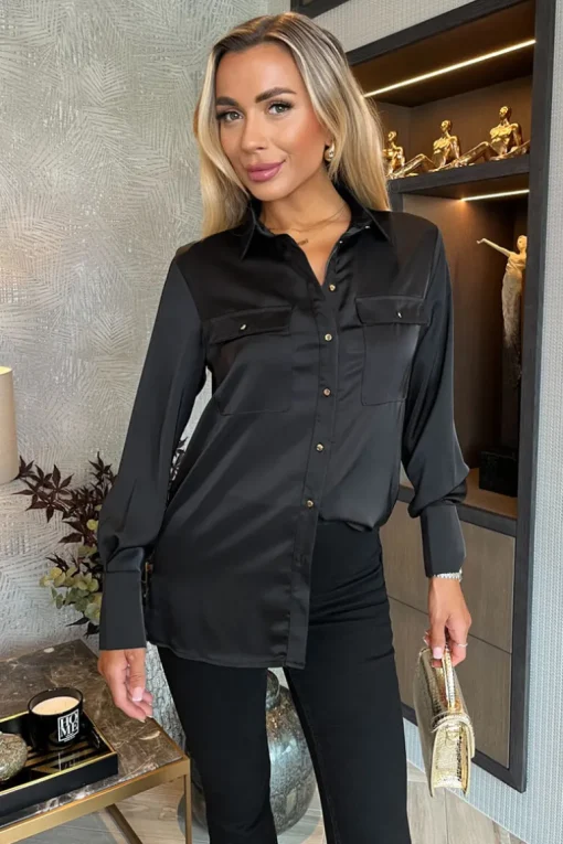 Black Satin Long Sleeve Gold Button Shirt