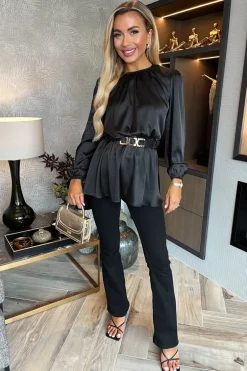 Black Satin Long Sleeve Gold Detail Belt Top