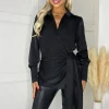 Black Satin Tie Waist Wrap Shirt