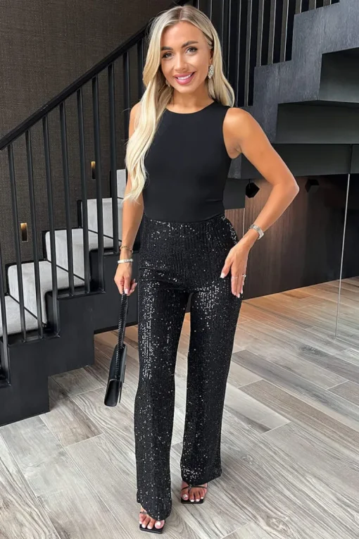 Black Sequin High Waist Flared Trousers