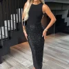 Black Sequin High Waist Midi Skirt