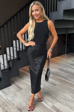 Black Sequin High Waist Midi Skirt