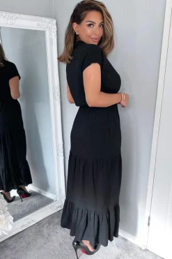 Black Short Sleeved V-Neck Midi Smock Dress