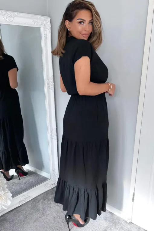 Black Short Sleeved V-Neck Midi Smock Dress