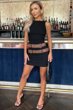 Black Sleeveless Double Belt Detail Bodycon Midi Dress