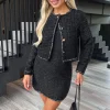 Black Sparkle Tweed Contrast Hem Detail Cropped Jacket