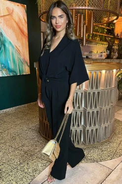 Black V-Neck Collar Tie Front Shirt