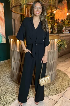 Black V-Neck Collar Tie Front Shirt