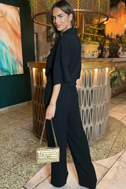 Black V-Neck Collar Tie Front Shirt