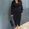 Black Wrap Gold Buckle Midi Dress