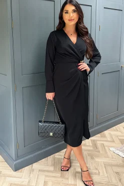 Black Wrap Gold Buckle Midi Dress