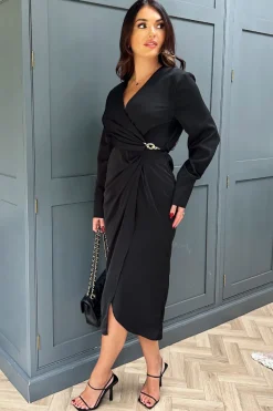 Black Wrap Gold Buckle Midi Dress