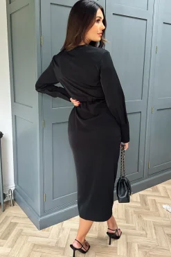 Black Wrap Gold Buckle Midi Dress