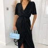 Black Wrap Top Belted Short Sleeve Plisse Midi Dress