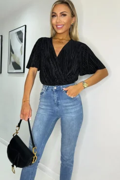 Black Wrap Top Butterfly Sleeve Plisse Bodysuit