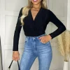 Black Wrap Top Long Sleeve Slinky Bodysuit