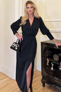 Black Wrap Top Long Sleeve Midi Dress