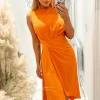 Blood Orange Gathered Midi Dress With Shoulder Pads